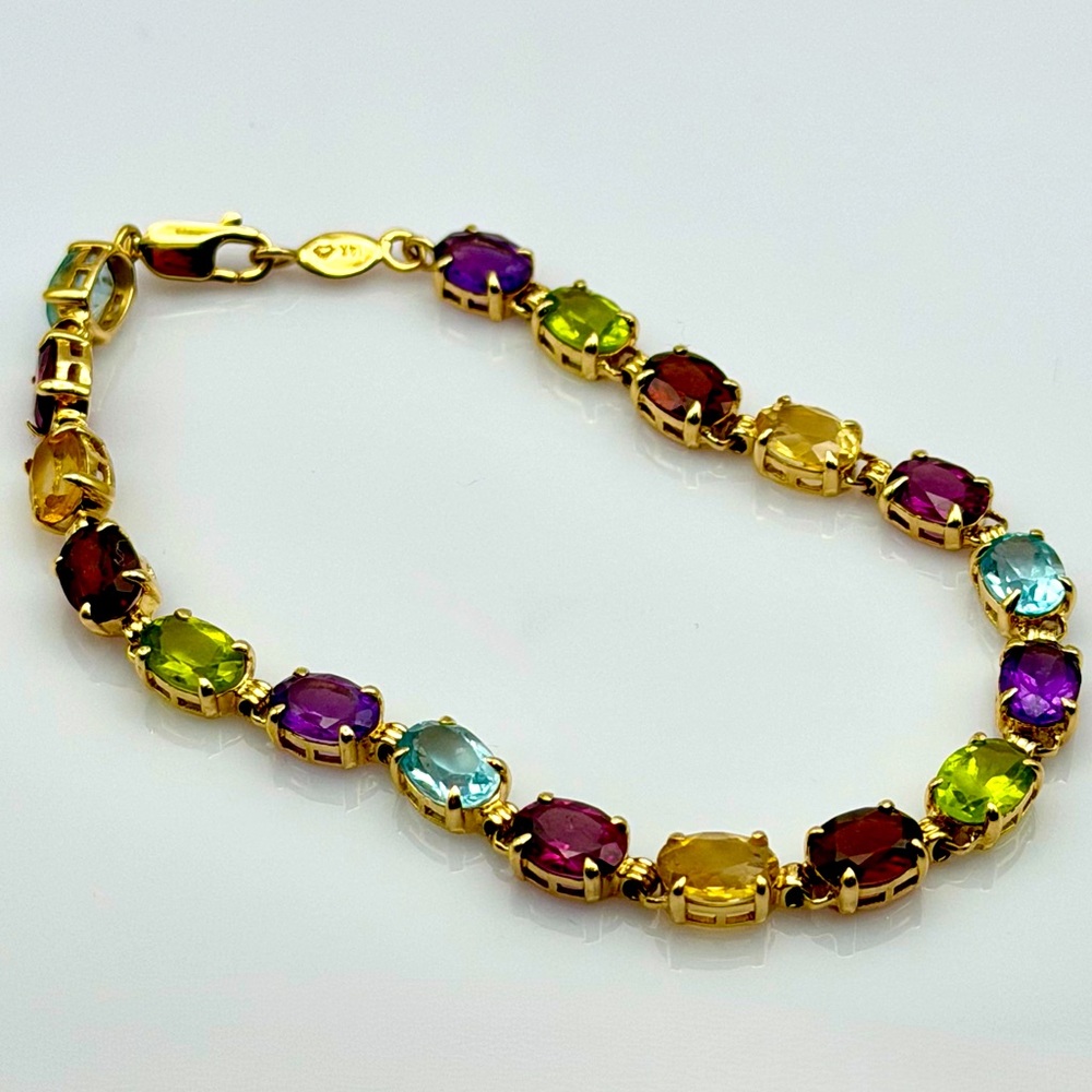 14K Yellow Gold Rainbow Gemstone Bracelet Garnet Peridot Citrine Topaz Amethyst